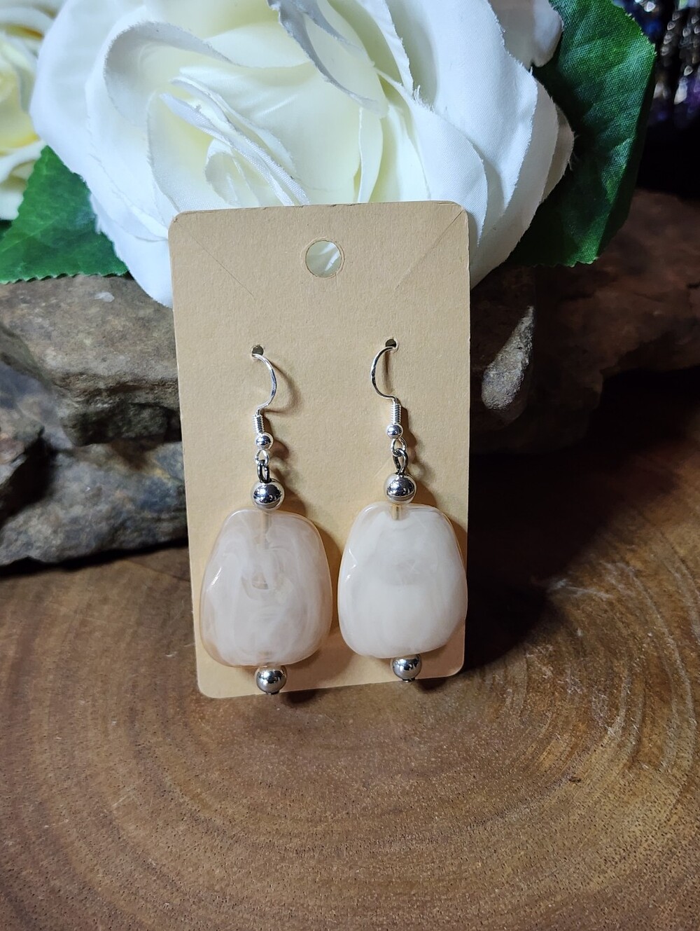 Hand Crafted Earrings With Faceted Cream Colored Swirl & Silver Toned Beads